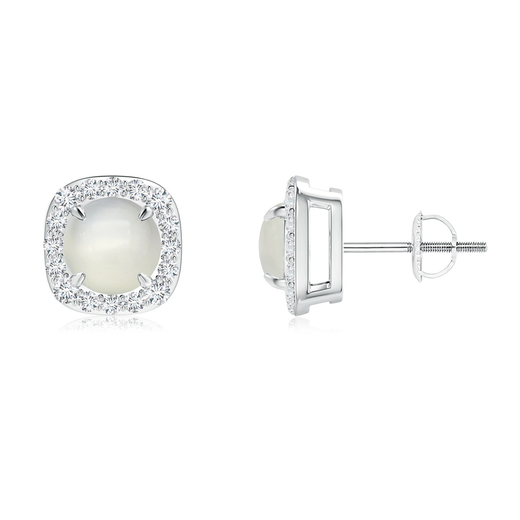 6mm AAA Claw-Set Moonstone and Diamond Cushion Halo Stud Earrings in White Gold