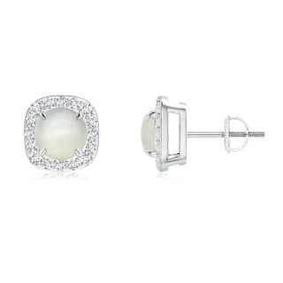 6mm AAA Claw-Set Moonstone and Diamond Cushion Halo Stud Earrings in White Gold