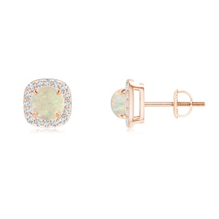 5mm AAA Claw-Set Cabochon Opal and Diamond Cushion Halo Earrings in 9K Rose Gold