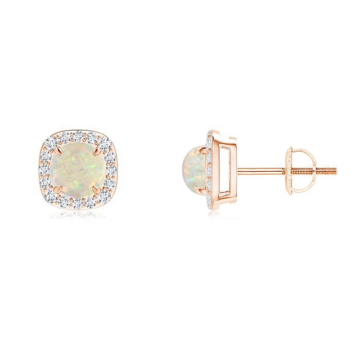 5mm AAA Claw-Set Cabochon Opal and Diamond Cushion Halo Earrings in Rose Gold 
