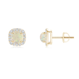 5mm AAA Claw-Set Cabochon Opal and Diamond Cushion Halo Earrings in Yellow Gold