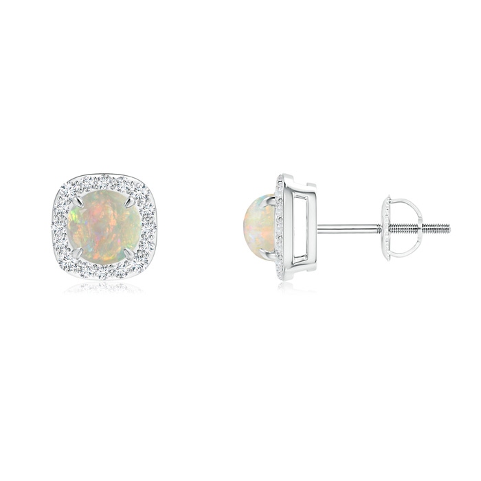 5mm AAAA Claw-Set Cabochon Opal and Diamond Cushion Halo Earrings in P950 Platinum
