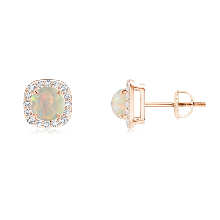 5mm AAAA Claw-Set Cabochon Opal and Diamond Cushion Halo Earrings in Rose Gold