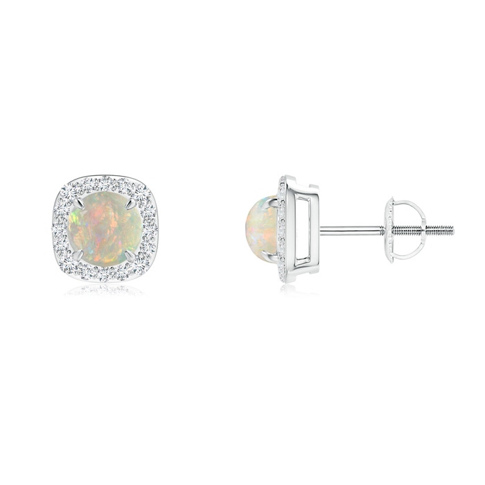 5mm AAAA Claw-Set Cabochon Opal and Diamond Cushion Halo Earrings in White Gold