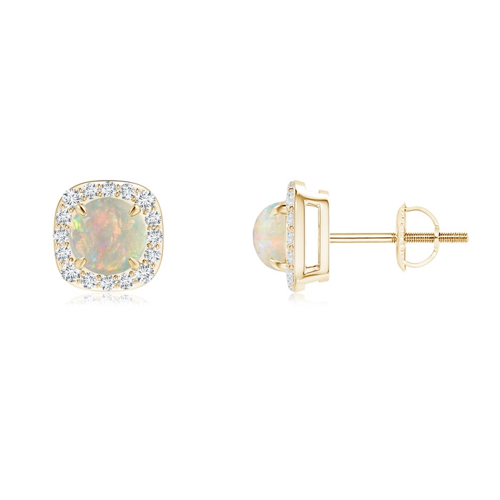 5mm AAAA Claw-Set Cabochon Opal and Diamond Cushion Halo Earrings in Yellow Gold 