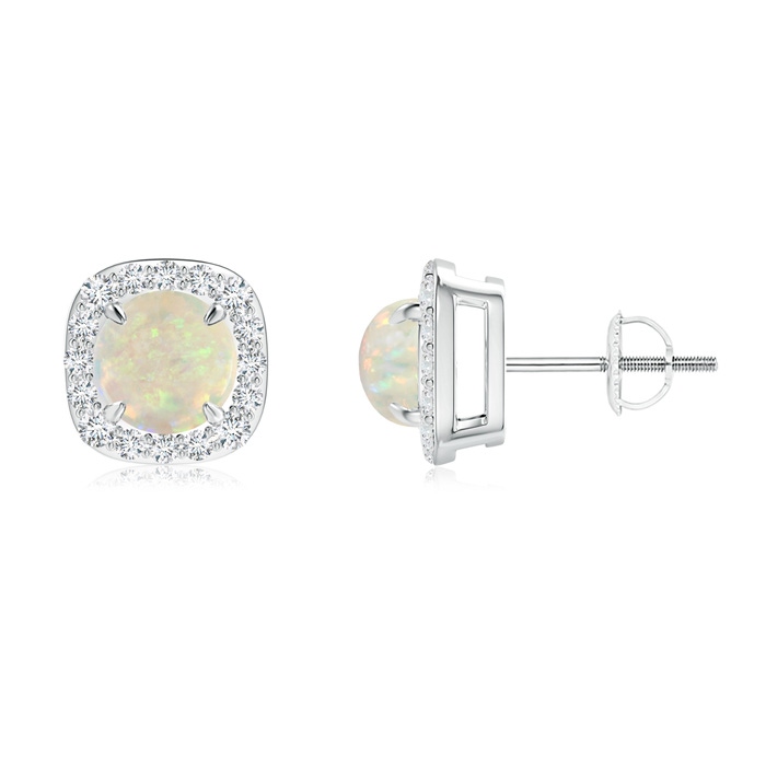 6mm AAA Claw-Set Cabochon Opal and Diamond Cushion Halo Earrings in White Gold 
