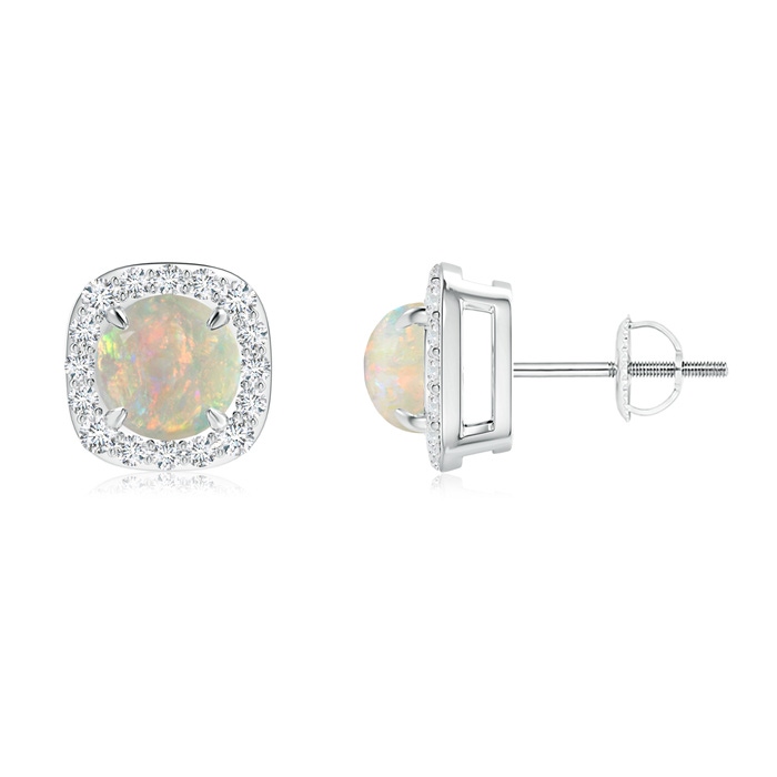 6mm AAAA Claw-Set Cabochon Opal and Diamond Cushion Halo Earrings in White Gold 