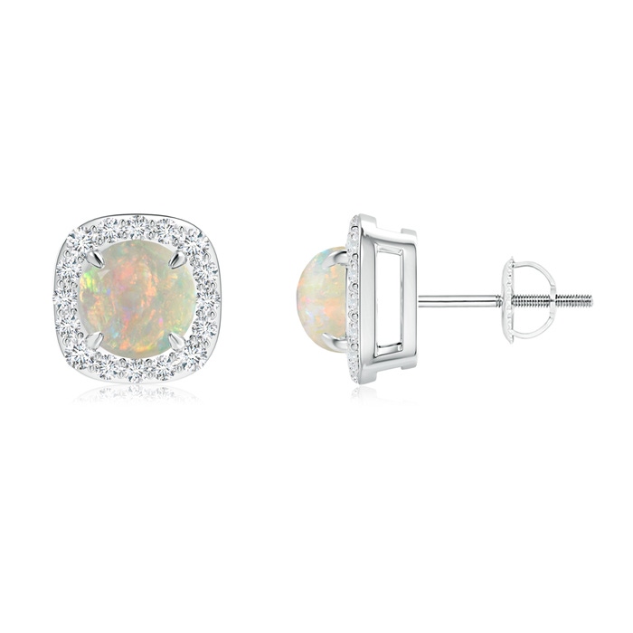 6mm AAAA Claw-Set Cabochon Opal and Diamond Cushion Halo Earrings in White Gold