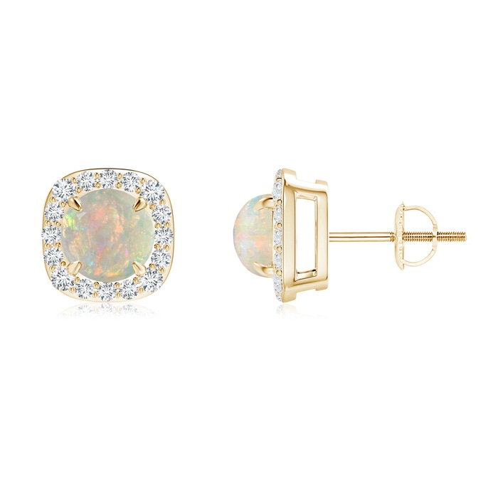6mm AAAA Claw-Set Cabochon Opal and Diamond Cushion Halo Earrings in Yellow Gold 