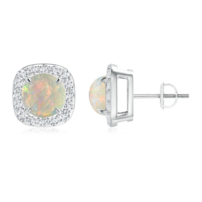 7mm AAAA Claw-Set Cabochon Opal and Diamond Cushion Halo Earrings in P950 Platinum 
