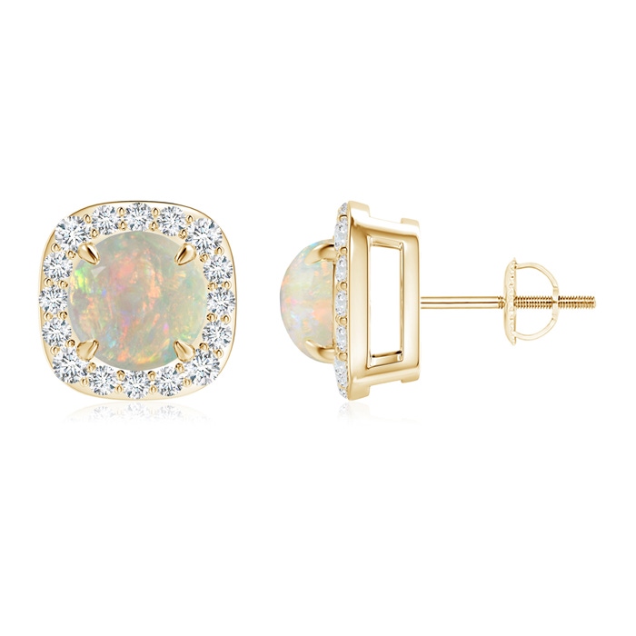 7mm AAAA Claw-Set Cabochon Opal and Diamond Cushion Halo Earrings in Yellow Gold 