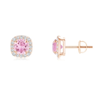 5mm A Claw-Set Pink Tourmaline and Diamond Cushion Halo Earrings in Rose Gold