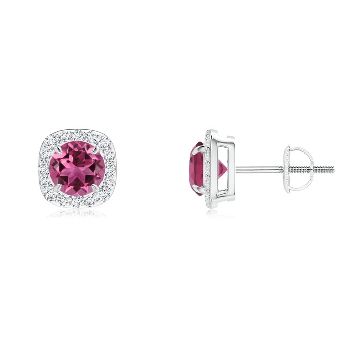 5mm AAAA Claw-Set Pink Tourmaline and Diamond Cushion Halo Earrings in White Gold