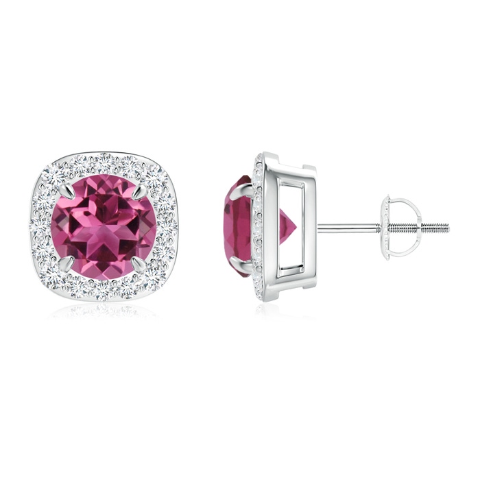 7mm AAAA Claw-Set Pink Tourmaline and Diamond Cushion Halo Earrings in White Gold