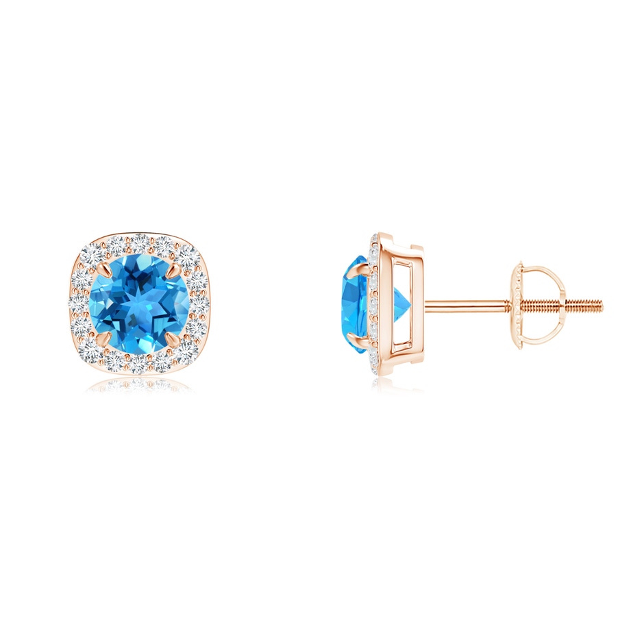 5mm AAA Claw-Set Swiss Blue Topaz and Diamond Cushion Halo Earrings in Rose Gold 