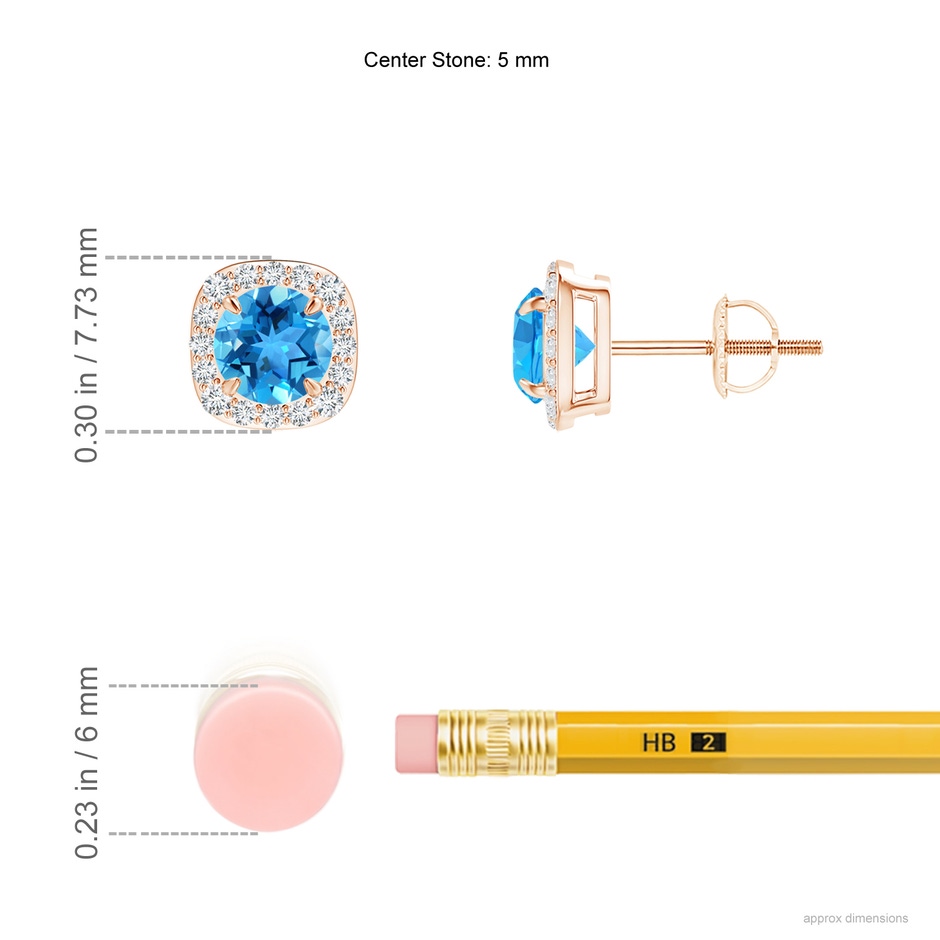 5mm AAA Claw-Set Swiss Blue Topaz and Diamond Cushion Halo Earrings in Rose Gold ruler