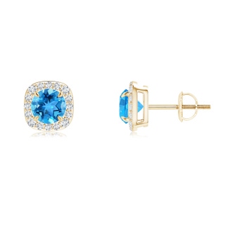 5mm AAA Claw-Set Swiss Blue Topaz and Diamond Cushion Halo Earrings in Yellow Gold