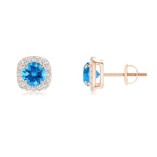 5mm AAAA Claw-Set Swiss Blue Topaz and Diamond Cushion Halo Earrings in Rose Gold