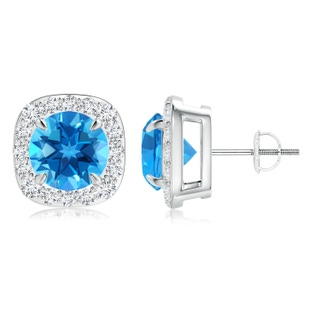 8mm AAAA Claw-Set Swiss Blue Topaz and Diamond Cushion Halo Earrings in P950 Platinum