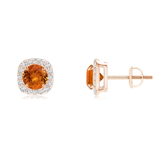 5mm AA Claw-Set Spessartite and Diamond Cushion Halo Stud Earrings in Rose Gold