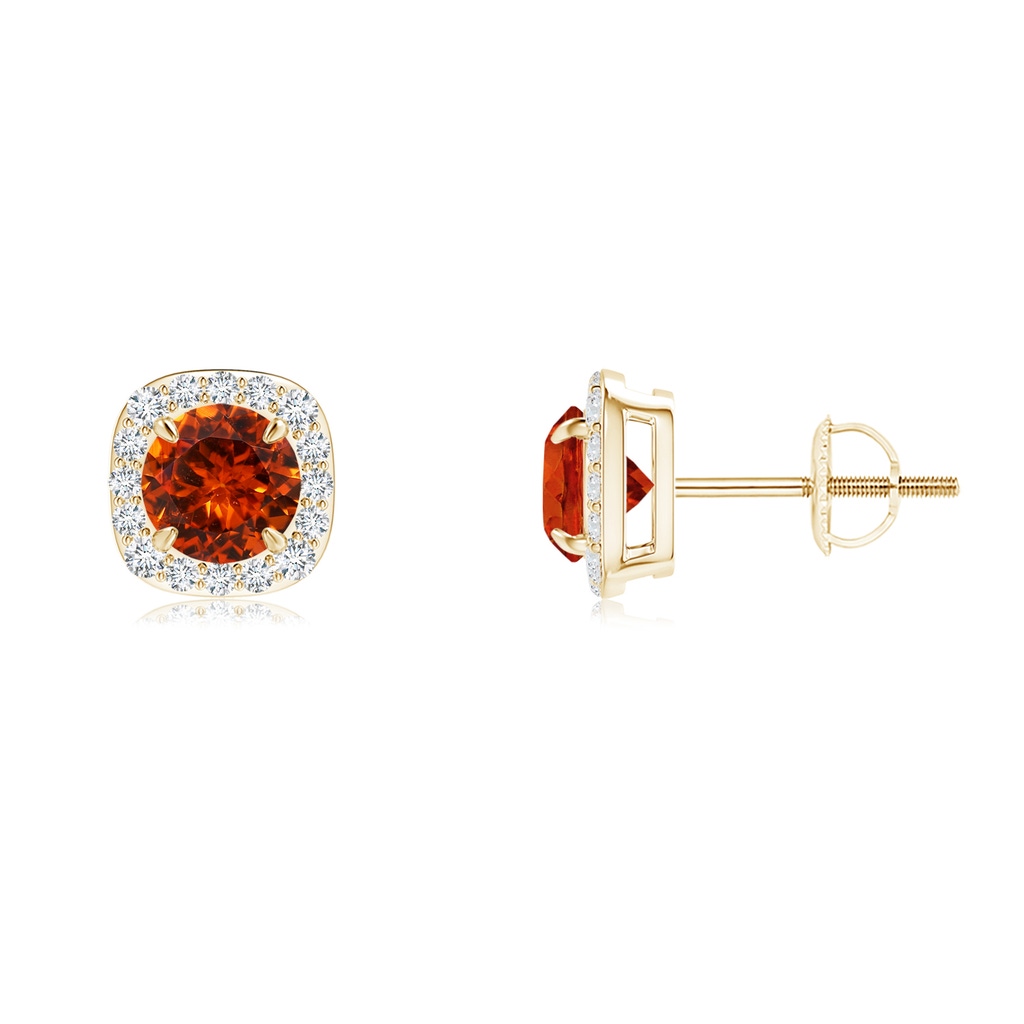 5mm AAAA Claw-Set Spessartite and Diamond Cushion Halo Stud Earrings in Yellow Gold