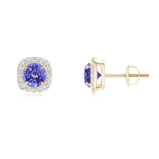 5mm AAA Claw-Set Tanzanite and Diamond Cushion Halo Stud Earrings in Yellow Gold