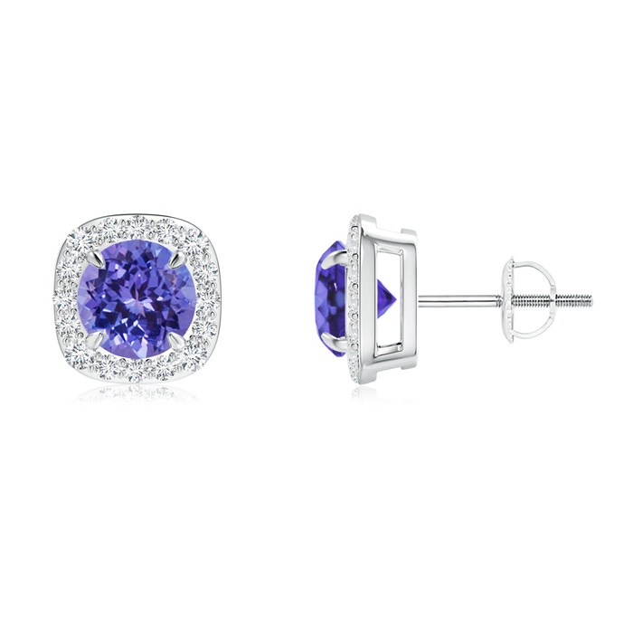 6mm AA Claw-Set Tanzanite and Diamond Cushion Halo Stud Earrings in White Gold 