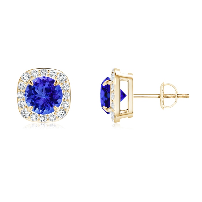 6mm AAA Claw-Set Tanzanite and Diamond Cushion Halo Stud Earrings in Yellow Gold 