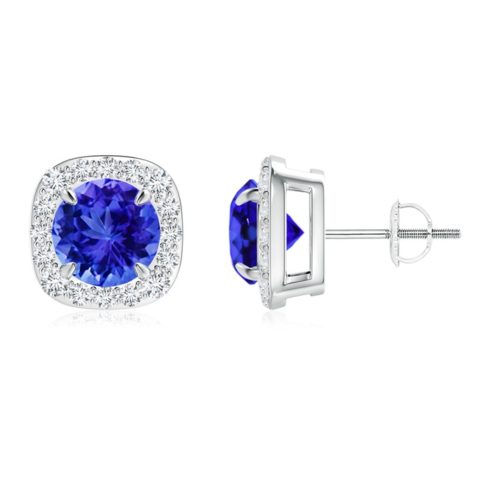 7mm AAA Claw-Set Tanzanite and Diamond Cushion Halo Stud Earrings in White Gold 