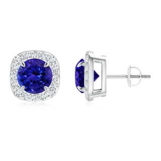 7mm AAAA Claw-Set Tanzanite and Diamond Cushion Halo Stud Earrings in P950 Platinum