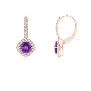 5mm AAA Claw-Set Amethyst and Diamond Leverback Halo Earrings in 9K Rose Gold