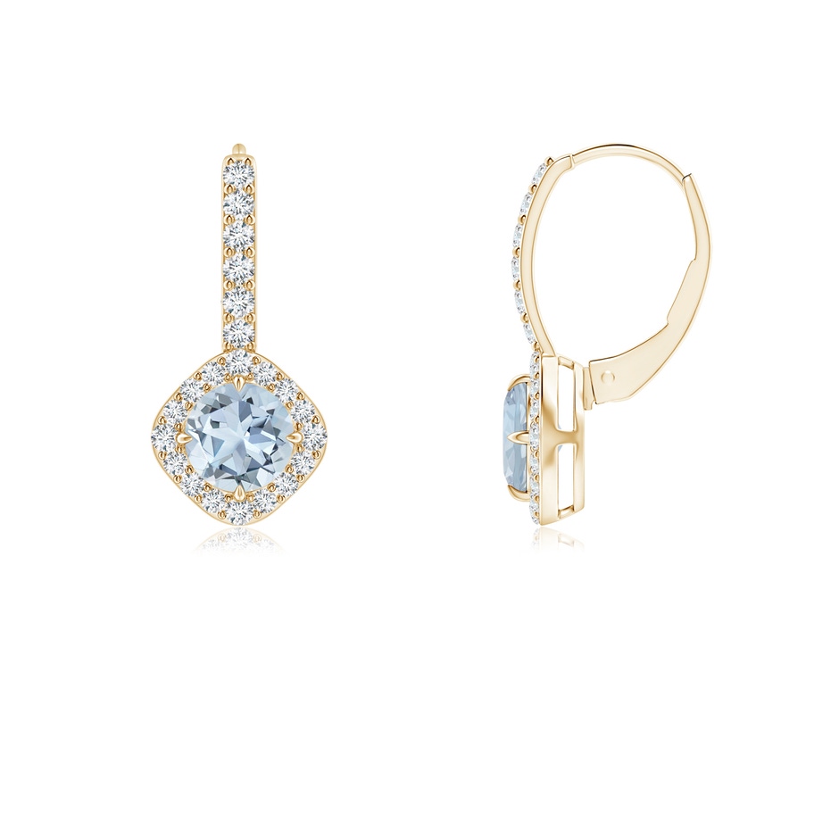 5mm A Claw-Set Aquamarine and Diamond Leverback Halo Earrings in Yellow Gold 
