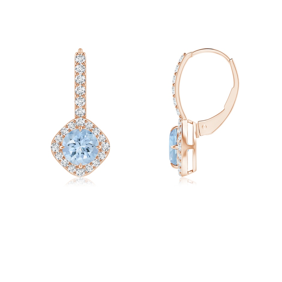 5mm AA Claw-Set Aquamarine and Diamond Leverback Halo Earrings in Rose Gold 