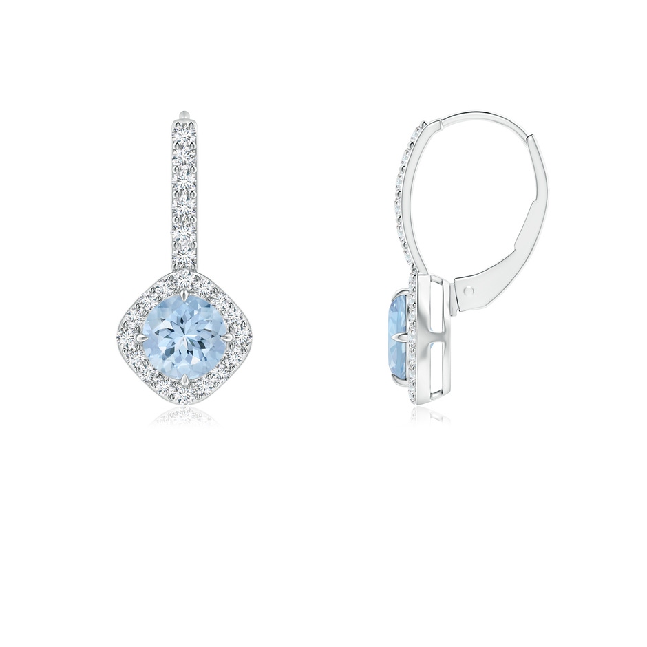 5mm AA Claw-Set Aquamarine and Diamond Leverback Halo Earrings in White Gold 
