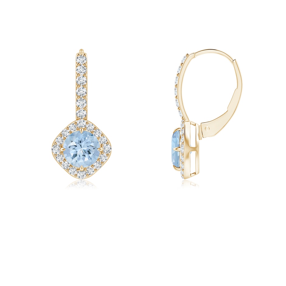 5mm AA Claw-Set Aquamarine and Diamond Leverback Halo Earrings in Yellow Gold 