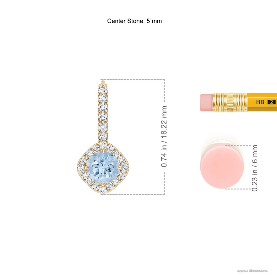 5mm AA Claw-Set Aquamarine and Diamond Leverback Halo Earrings in Yellow Gold ruler