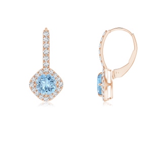 5mm AAA Claw-Set Aquamarine and Diamond Leverback Halo Earrings in Rose Gold