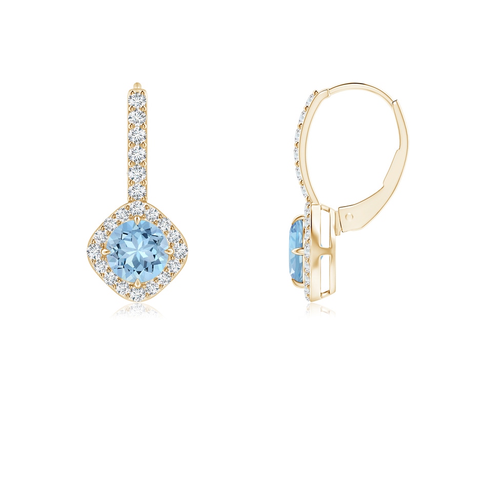5mm AAA Claw-Set Aquamarine and Diamond Leverback Halo Earrings in Yellow Gold 