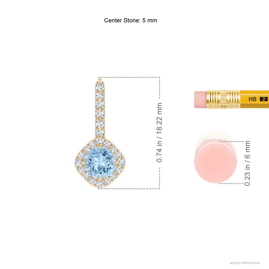 5mm AAA Claw-Set Aquamarine and Diamond Leverback Halo Earrings in Yellow Gold ruler