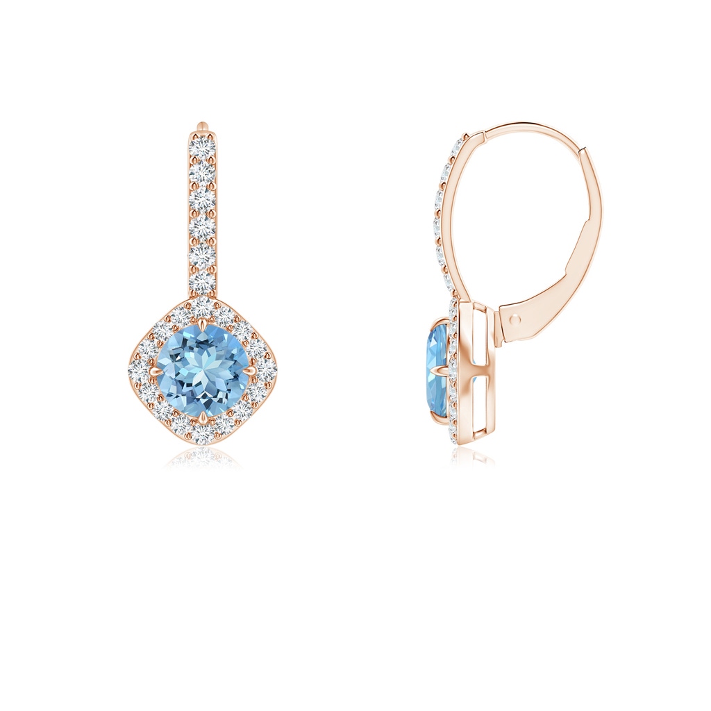 5mm AAAA Claw-Set Aquamarine and Diamond Leverback Halo Earrings in Rose Gold