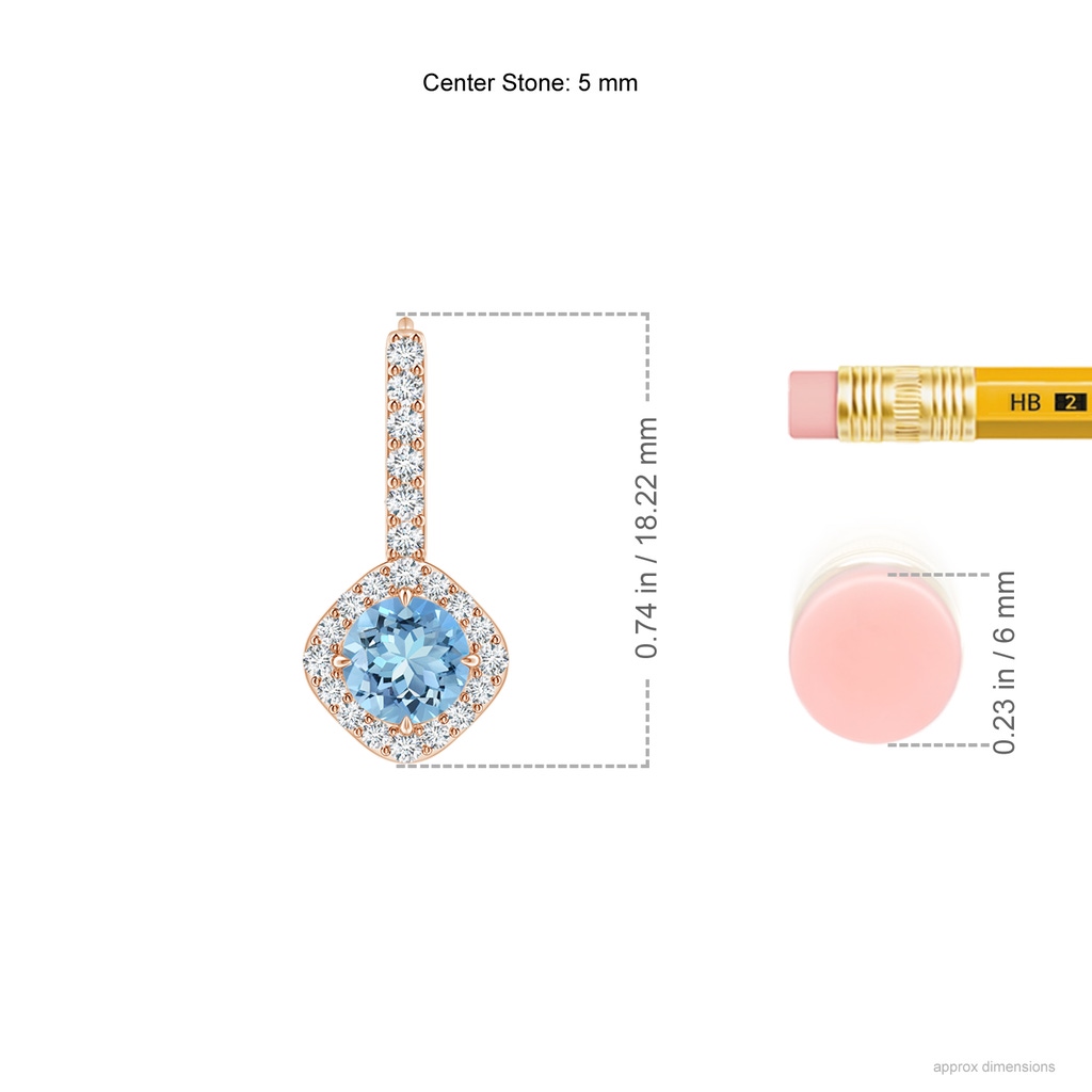 5mm AAAA Claw-Set Aquamarine and Diamond Leverback Halo Earrings in Rose Gold Ruler