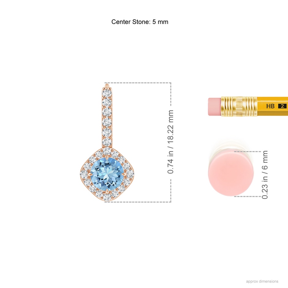 5mm AAAA Claw-Set Aquamarine and Diamond Leverback Halo Earrings in Rose Gold ruler