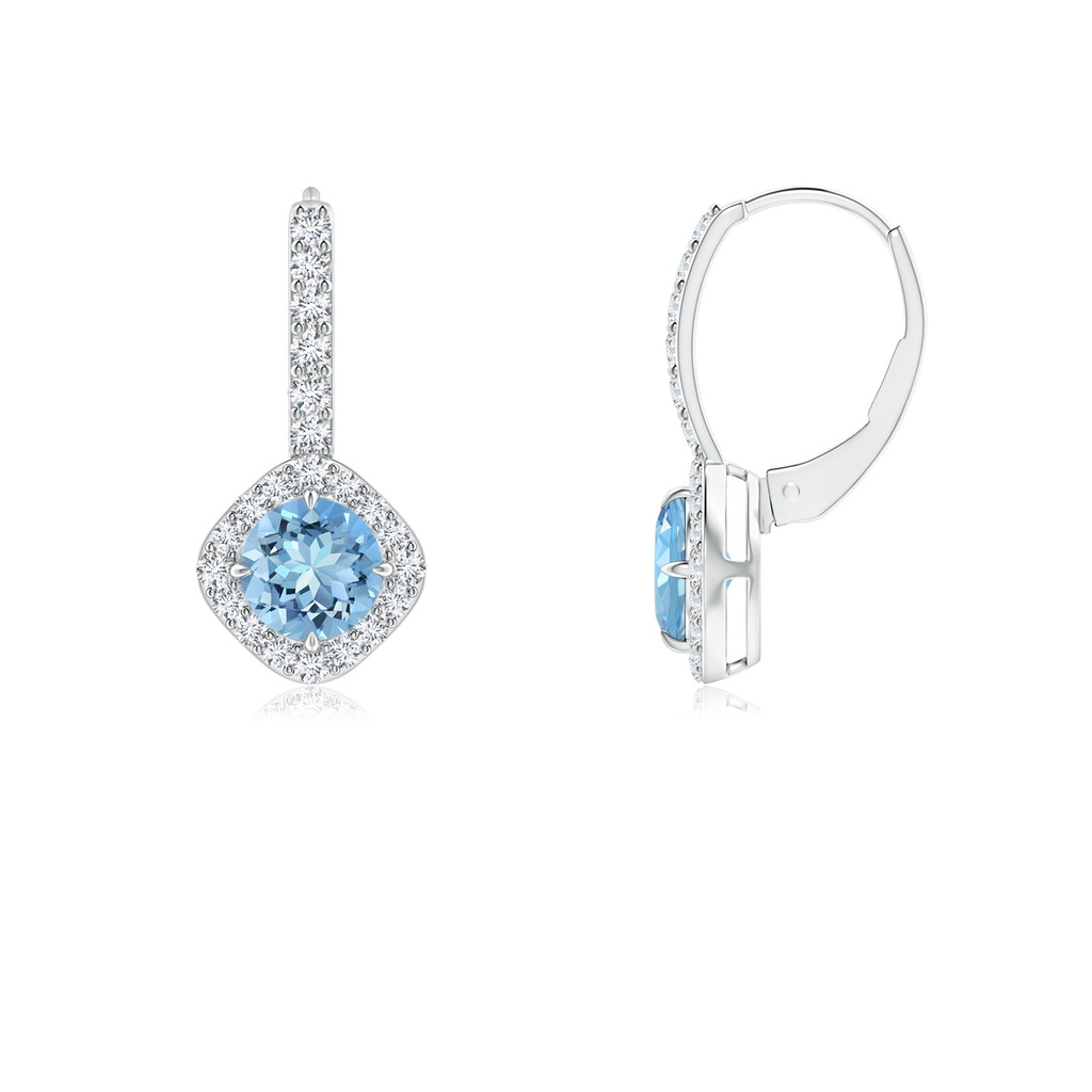 5mm AAAA Claw-Set Aquamarine and Diamond Leverback Halo Earrings in White Gold