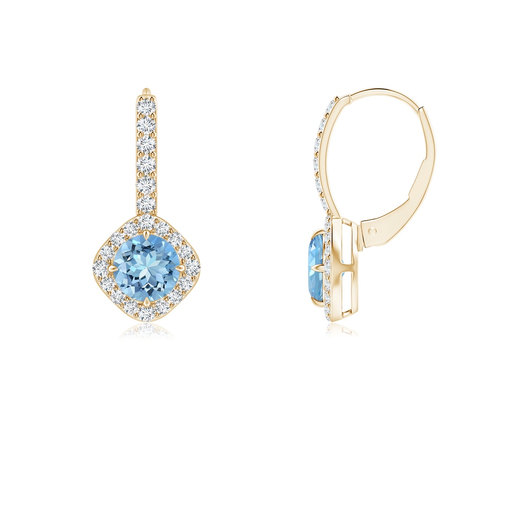 5mm AAAA Claw-Set Aquamarine and Diamond Leverback Halo Earrings in Yellow Gold