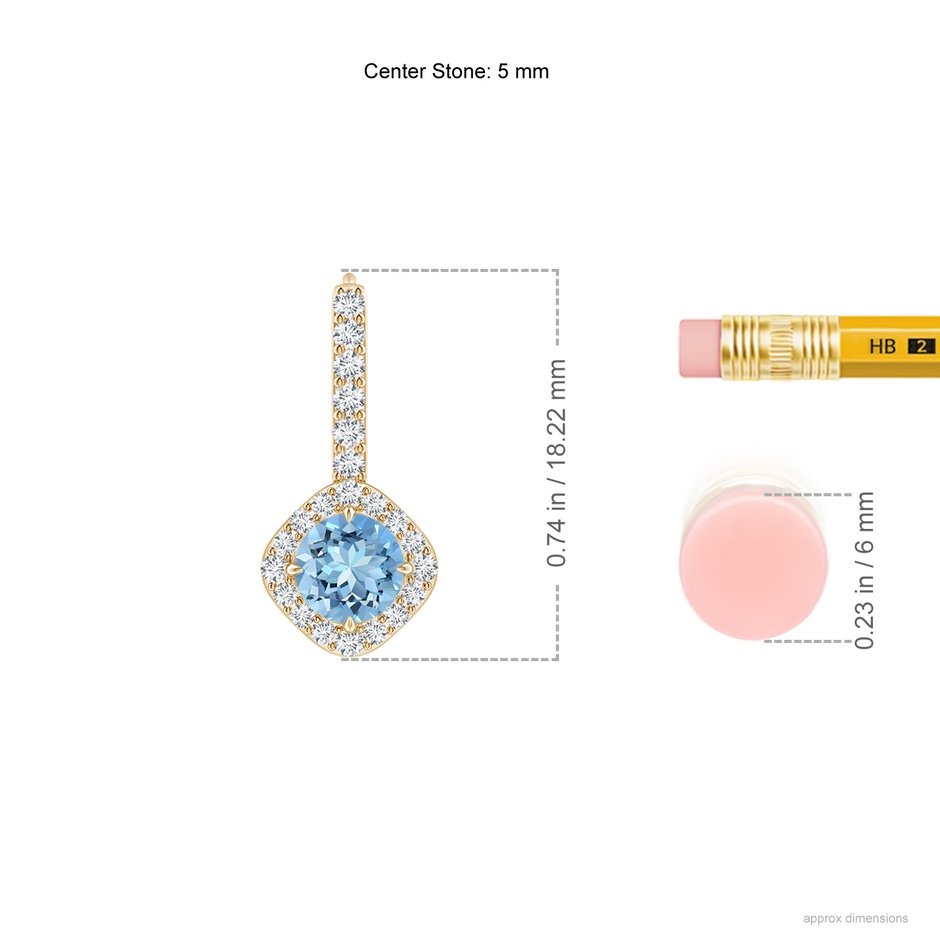 5mm AAAA Claw-Set Aquamarine and Diamond Leverback Halo Earrings in Yellow Gold ruler
