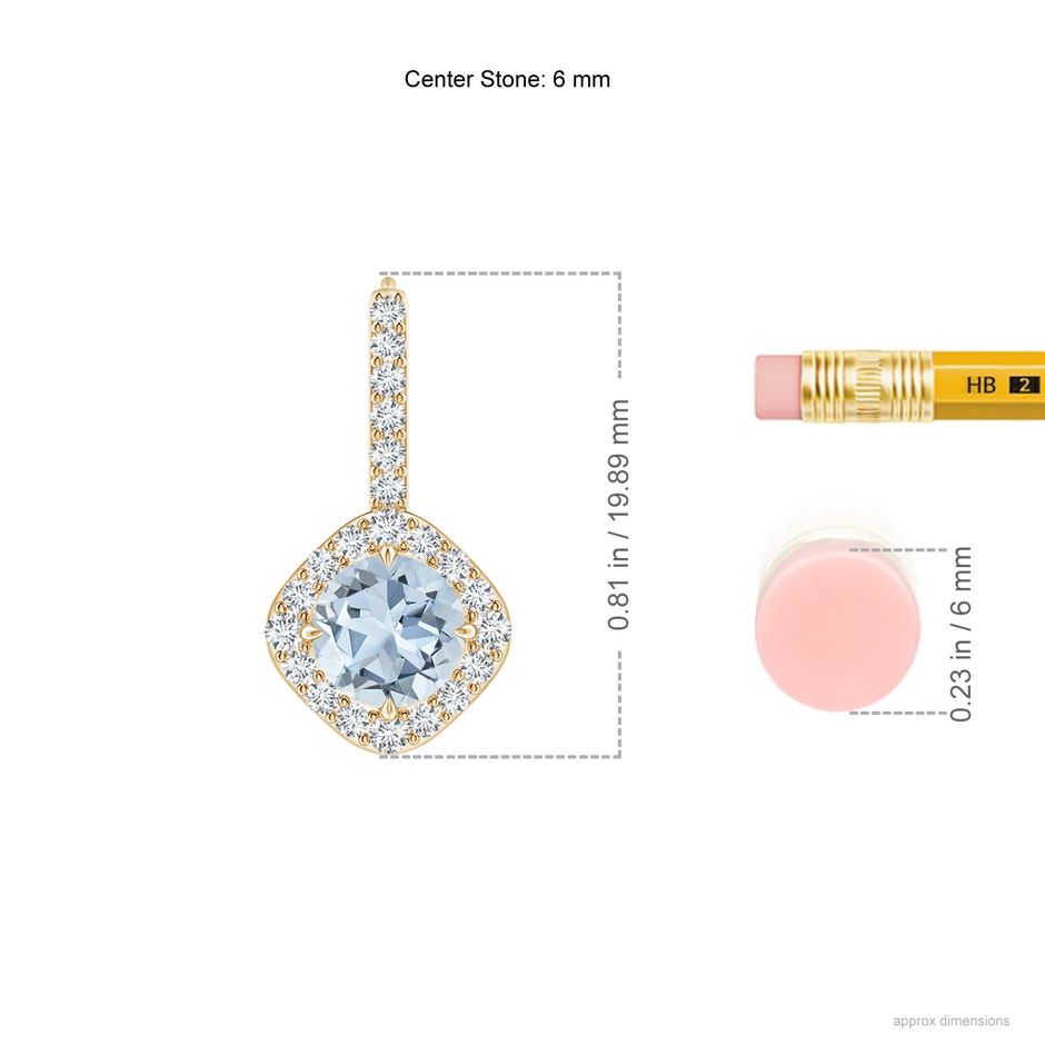 6mm A Claw-Set Aquamarine and Diamond Leverback Halo Earrings in Yellow Gold ruler