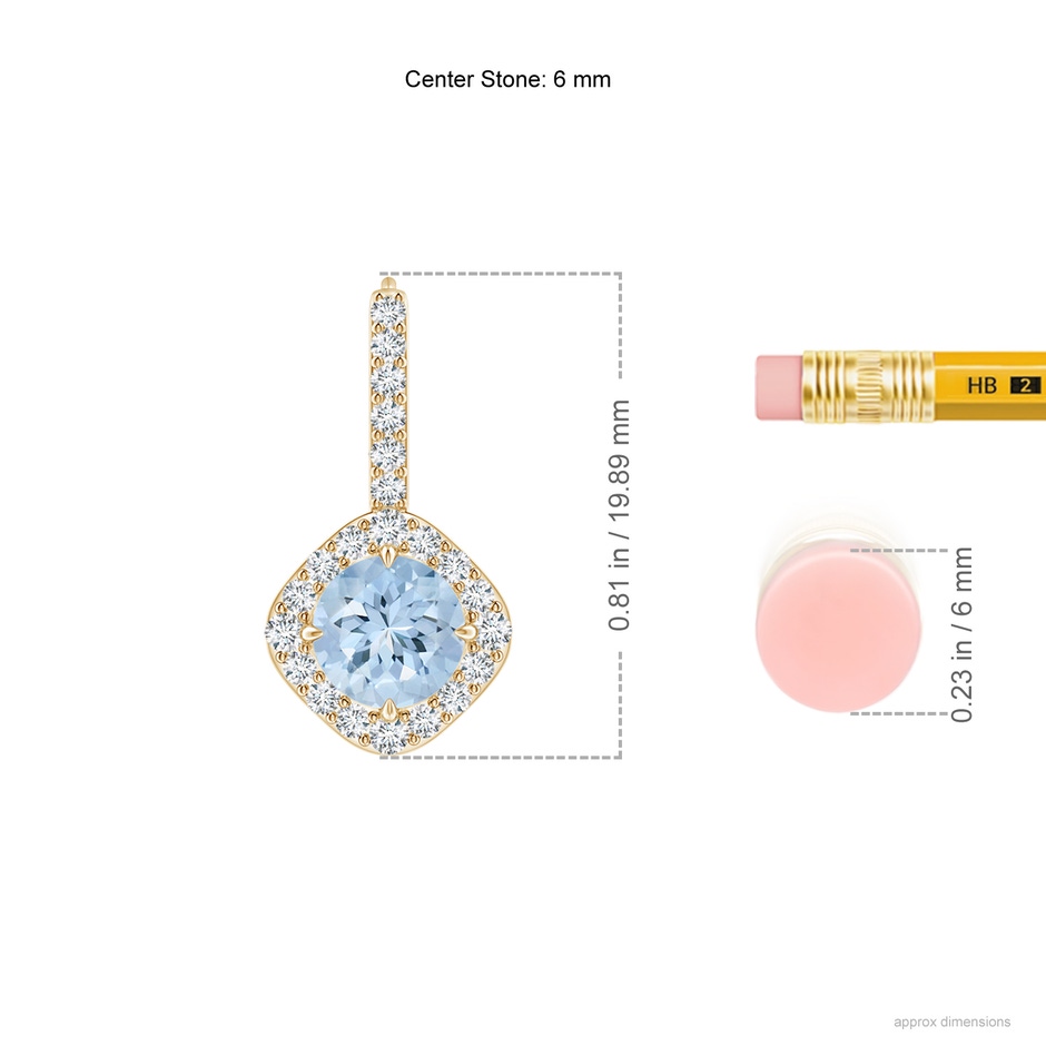 6mm AA Claw-Set Aquamarine and Diamond Leverback Halo Earrings in Yellow Gold ruler