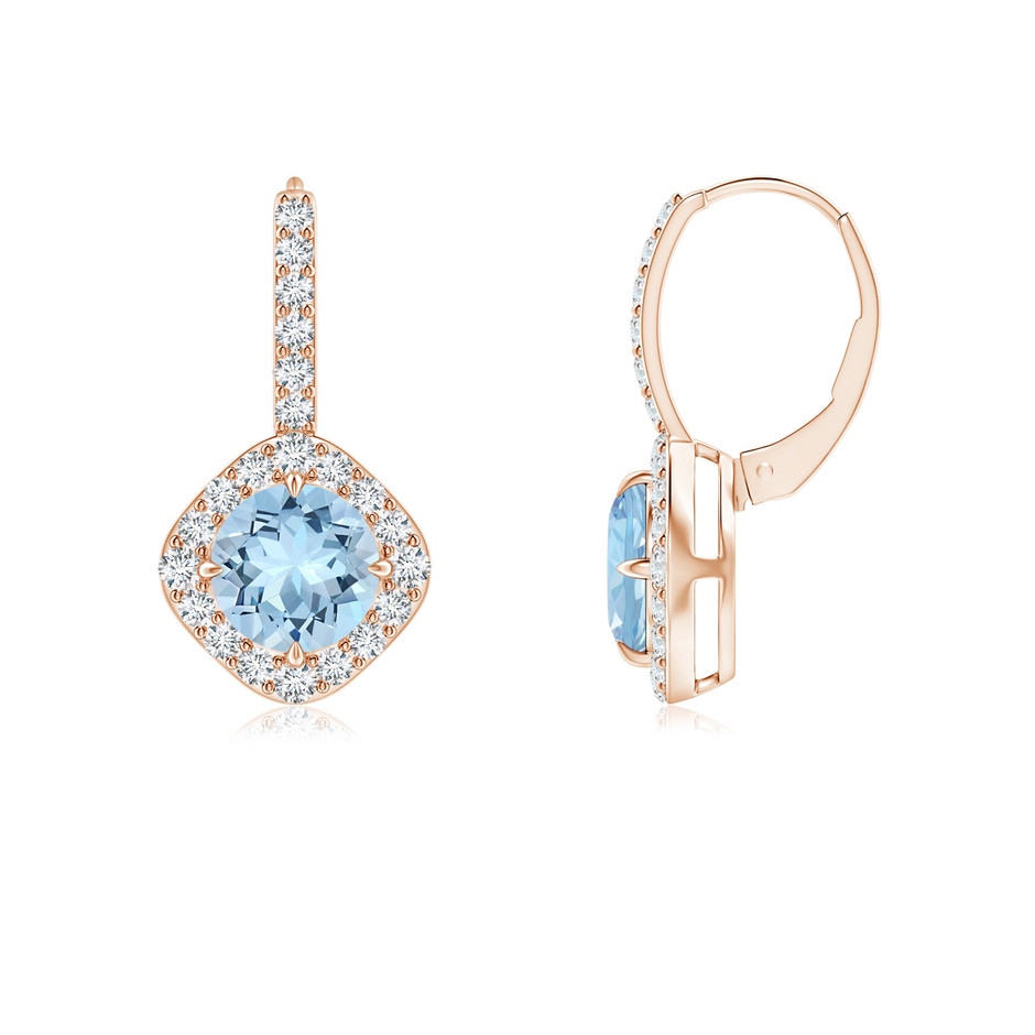 6mm AAA Claw-Set Aquamarine and Diamond Leverback Halo Earrings in Rose Gold 