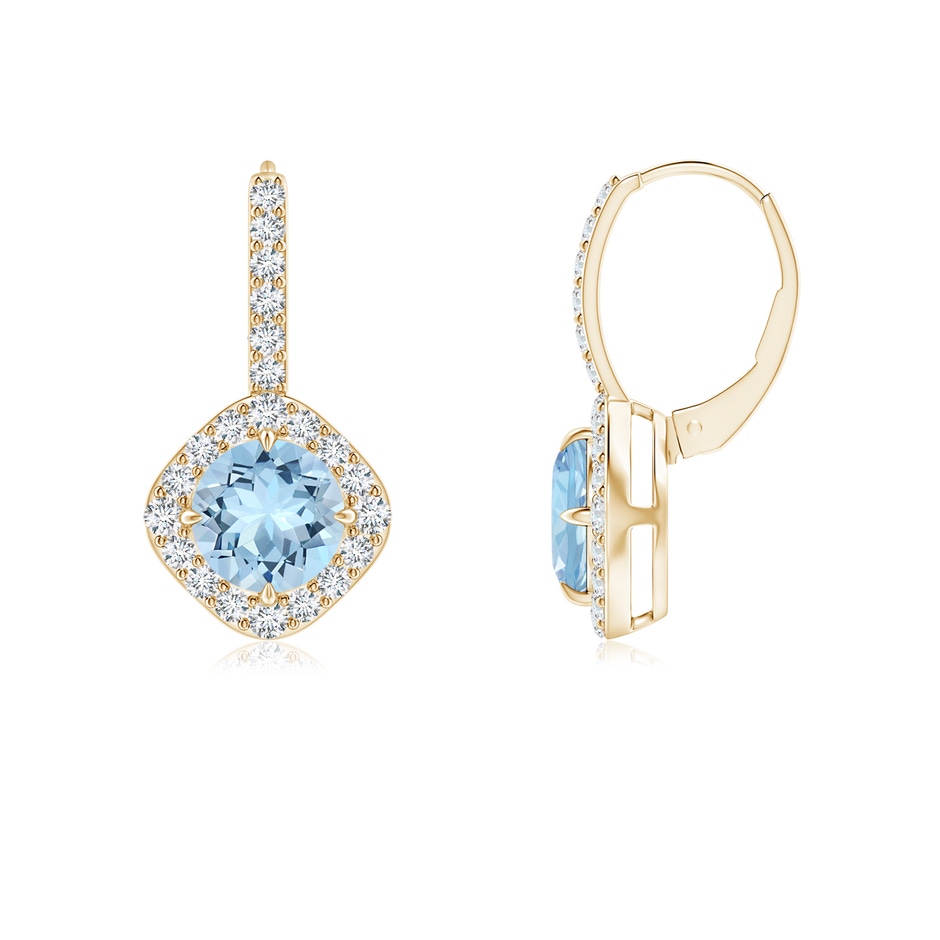 6mm AAA Claw-Set Aquamarine and Diamond Leverback Halo Earrings in Yellow Gold 