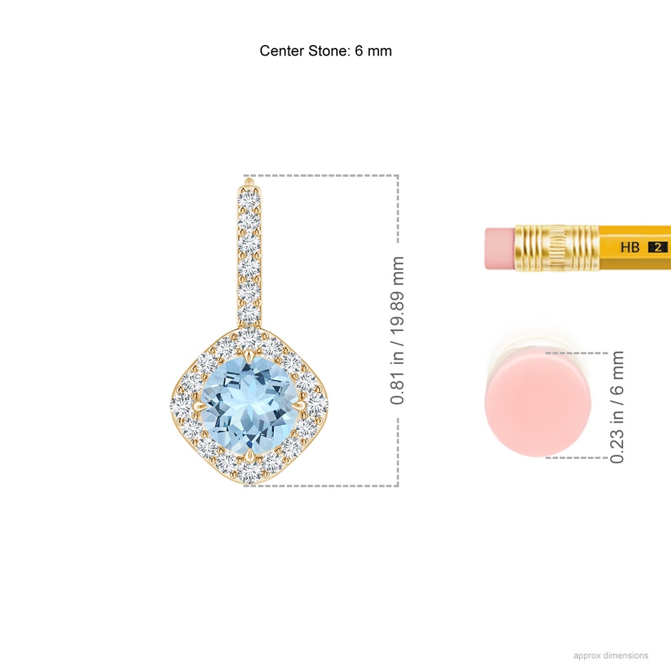 6mm AAA Claw-Set Aquamarine and Diamond Leverback Halo Earrings in Yellow Gold ruler